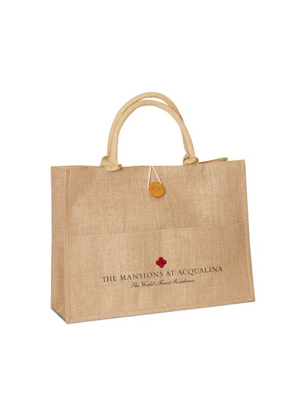 Custom Printed large jute shopping bag with front buttoned pocket 5102